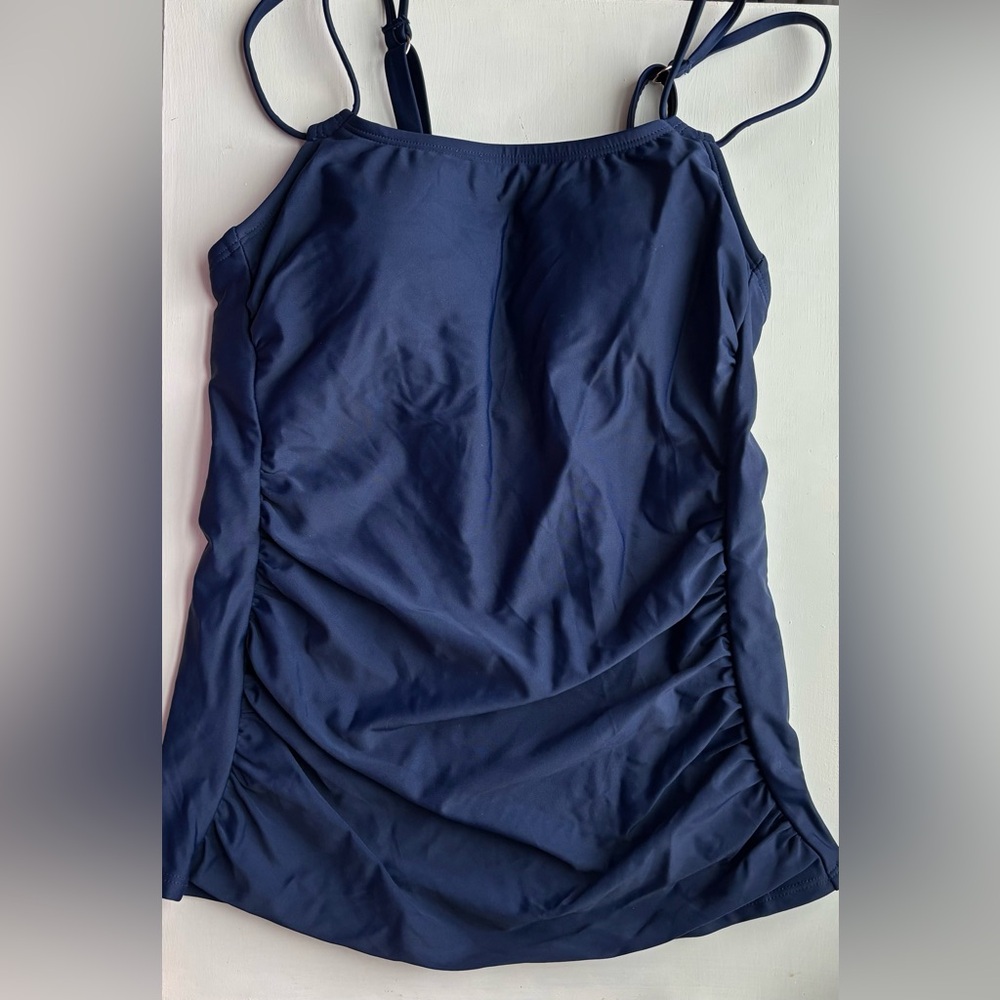 NWT Shade & Shore XS Navy Blue Tankini Top Ruching Gold Hardware Modest Classy